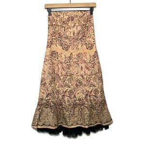 TRACY REESE ANTHROPOLOGIE Silk Strapless Peachy Pink Black Print Dress Size 6